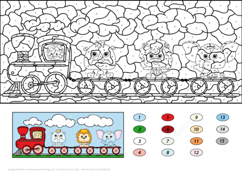 Train with lion elephant and rhino color by number free printable coloring pages