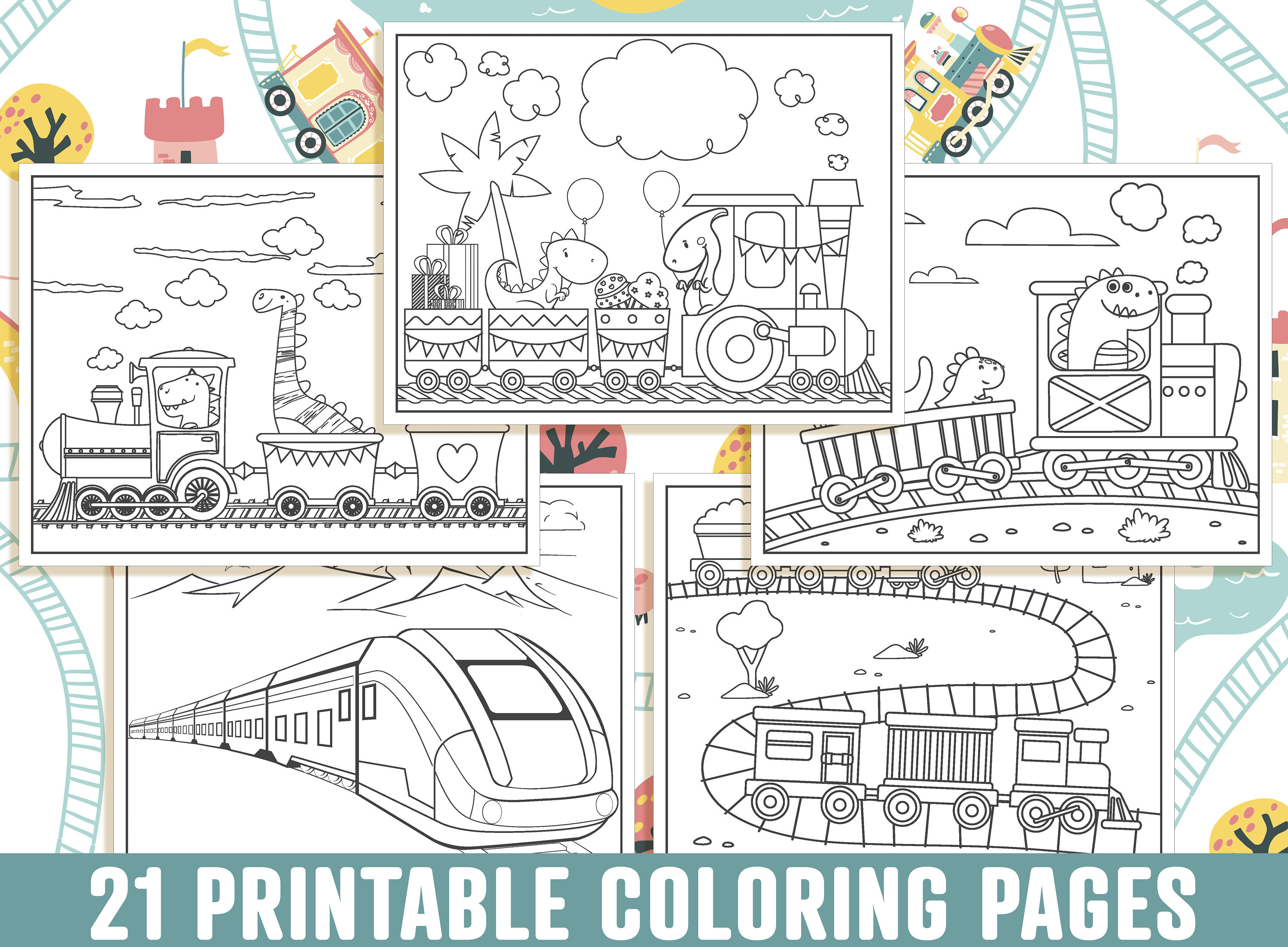 Train coloring pages printable train coloring pages for kids boys girls dinosaur and train birthday party activity instant download download now