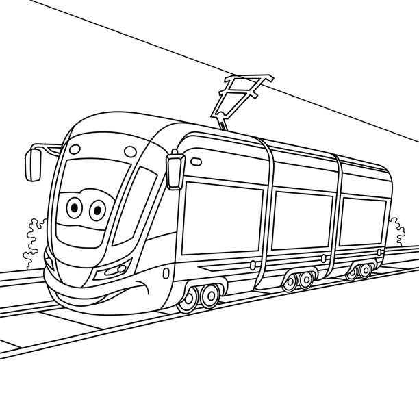 Coloring page of cartoon trolley car on railroad stock illustration