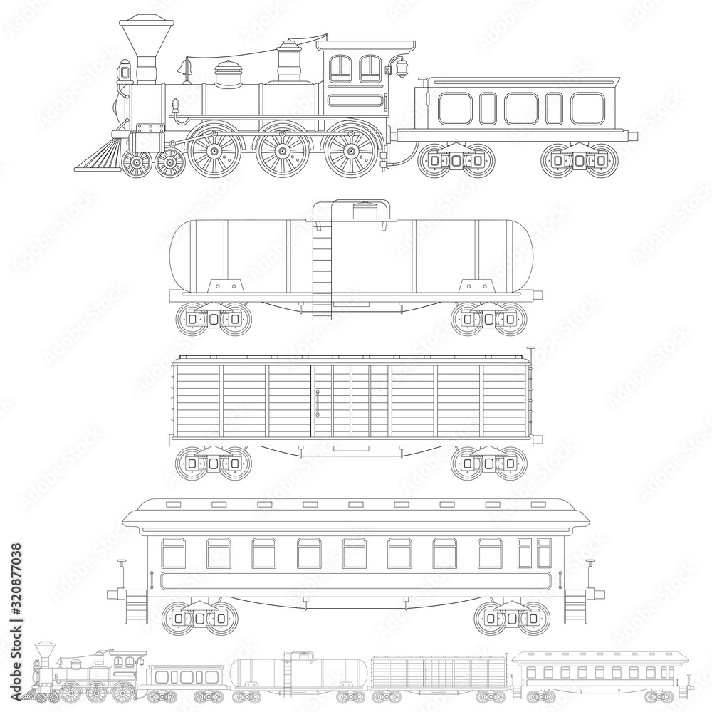 Set of outline vintage train in retro style ðistern car container and passenger waggons coloring page vector