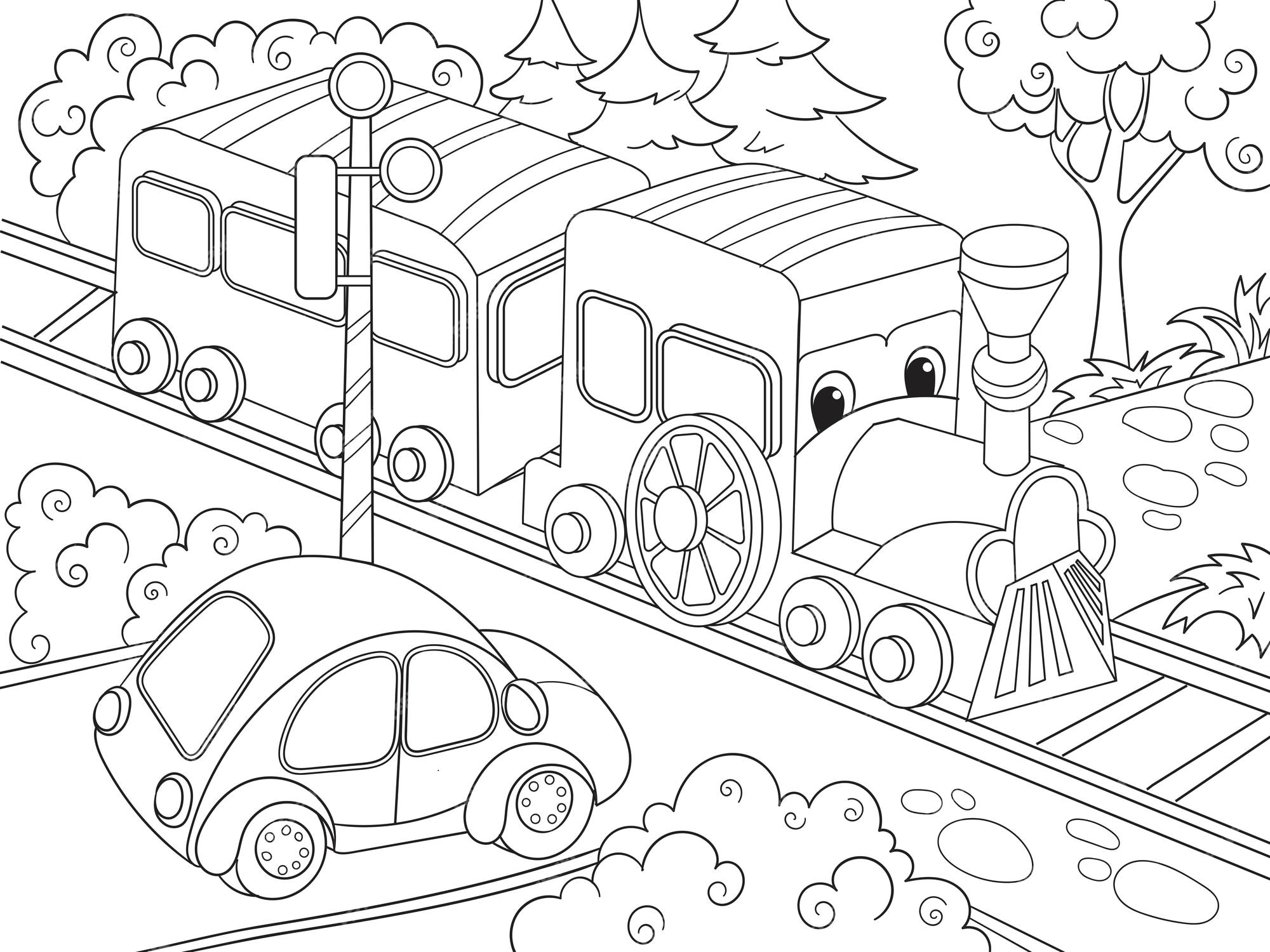 Premium vector cartoon train train and car coloring book for children cartoon vector illustration