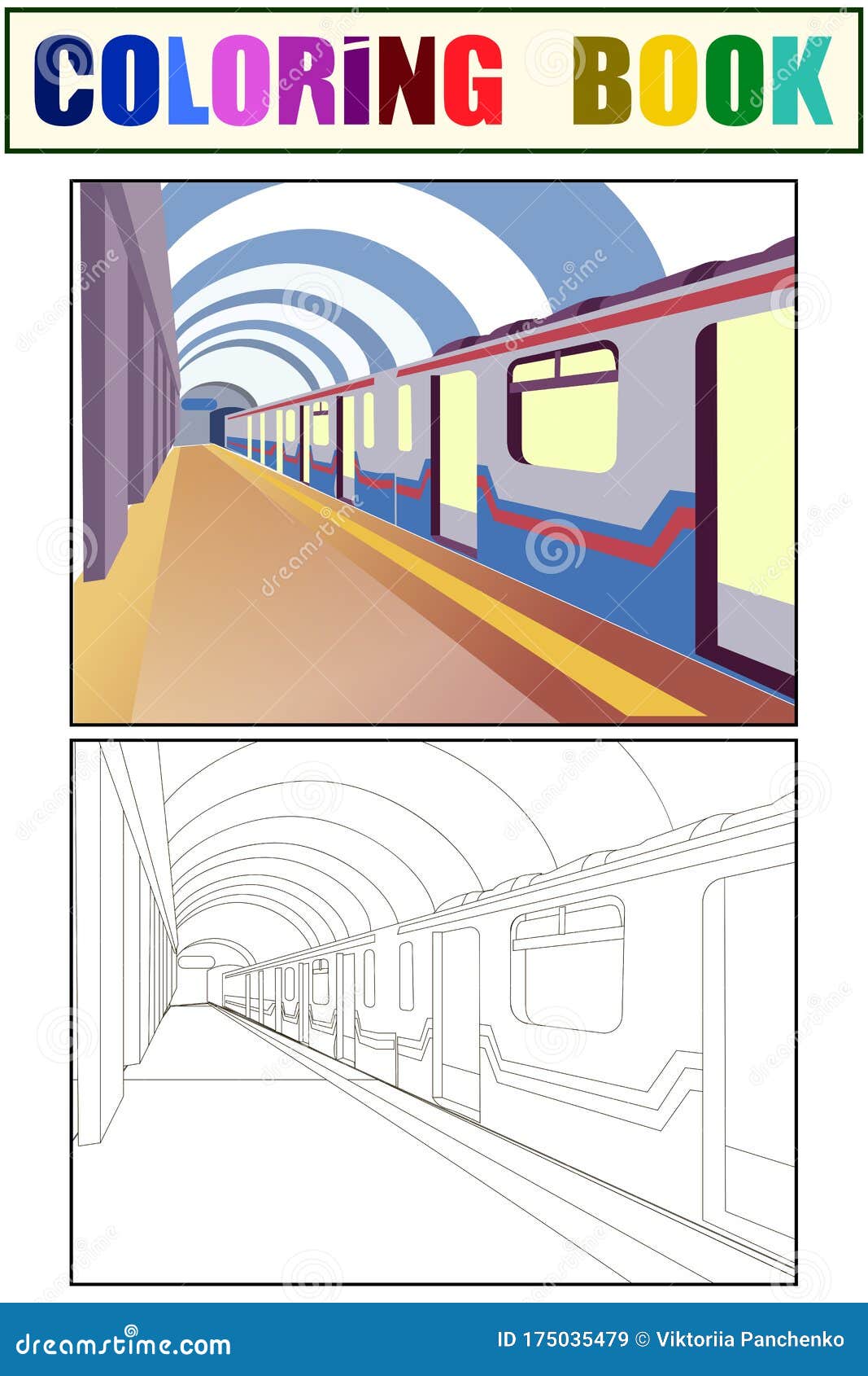 Underground the train car is at the station coloring book and color sketch stock illustration