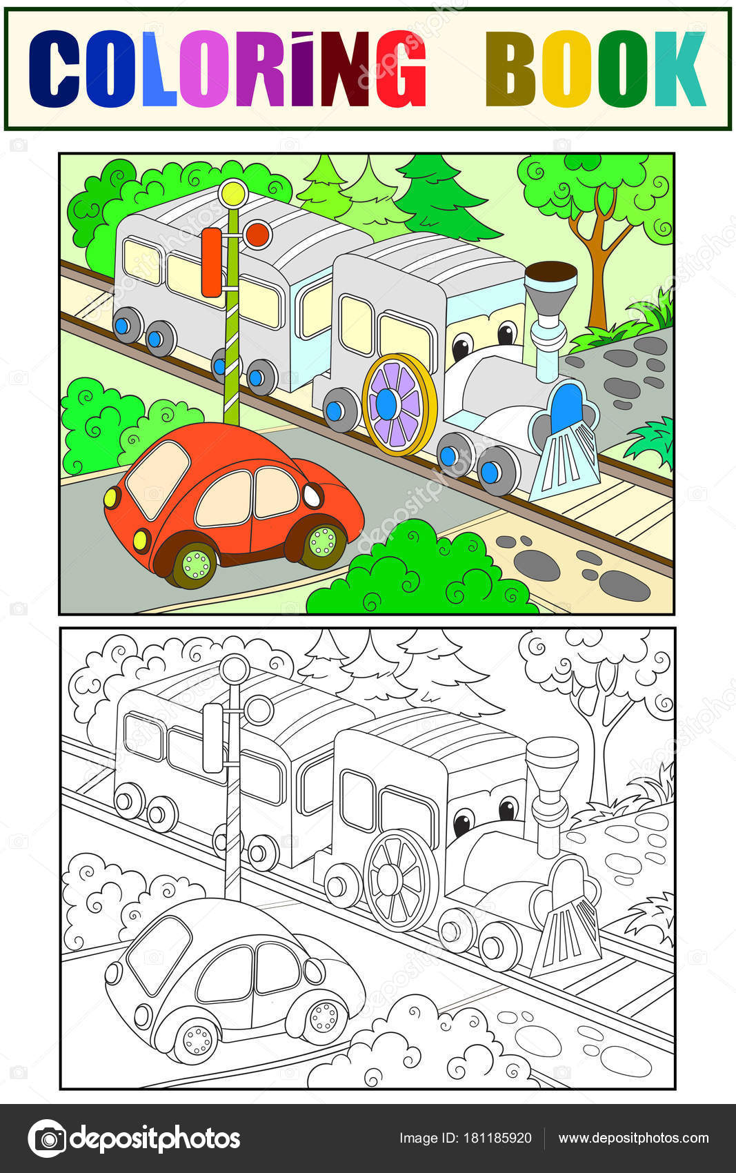 Cartoon train and car coloring black and white book for children color vector illustration stock vector by toricheksgmail