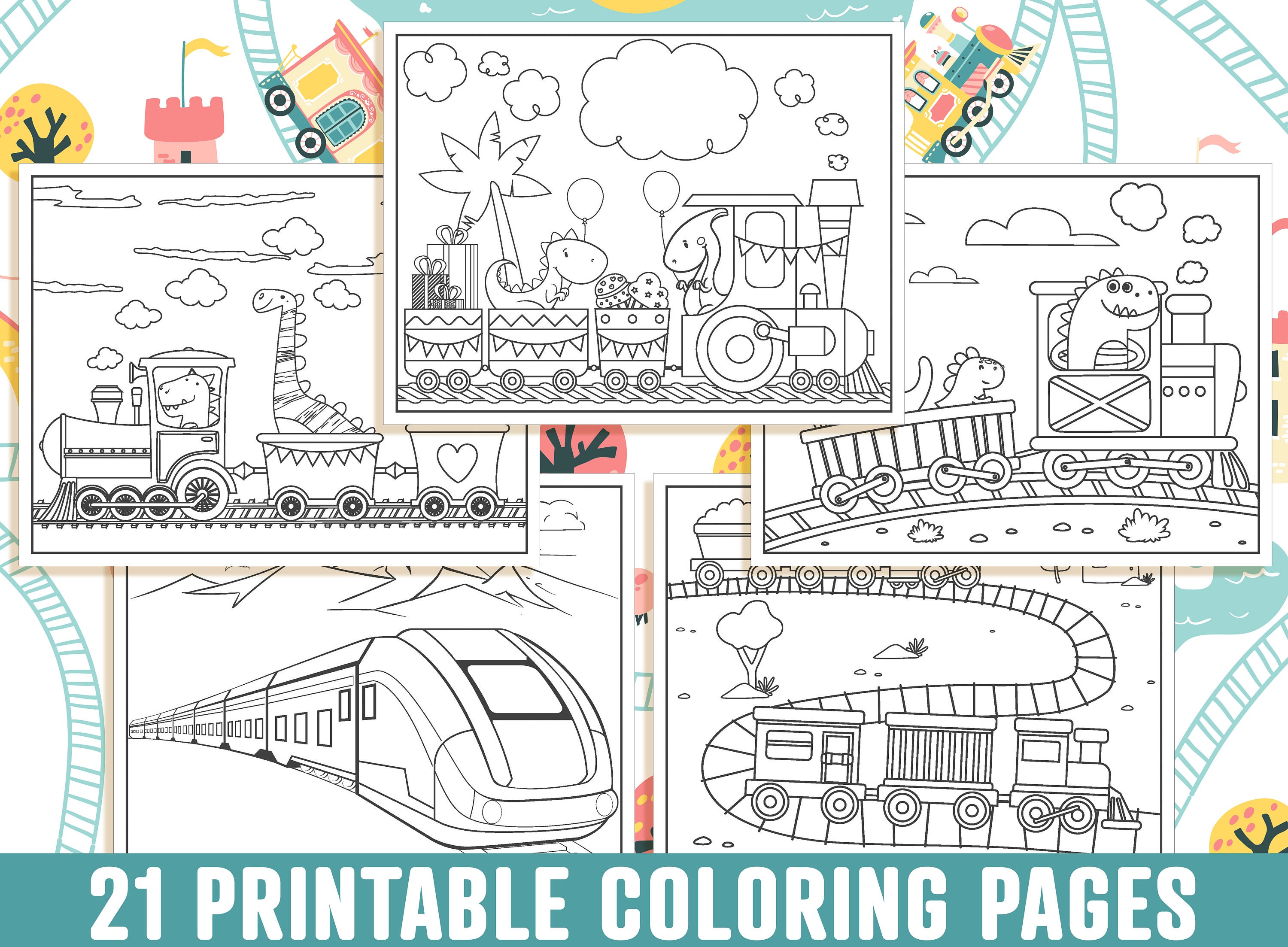 Train coloring pages printable train coloring pages for kids boys girls dinosaur and train birthday party activity instant download