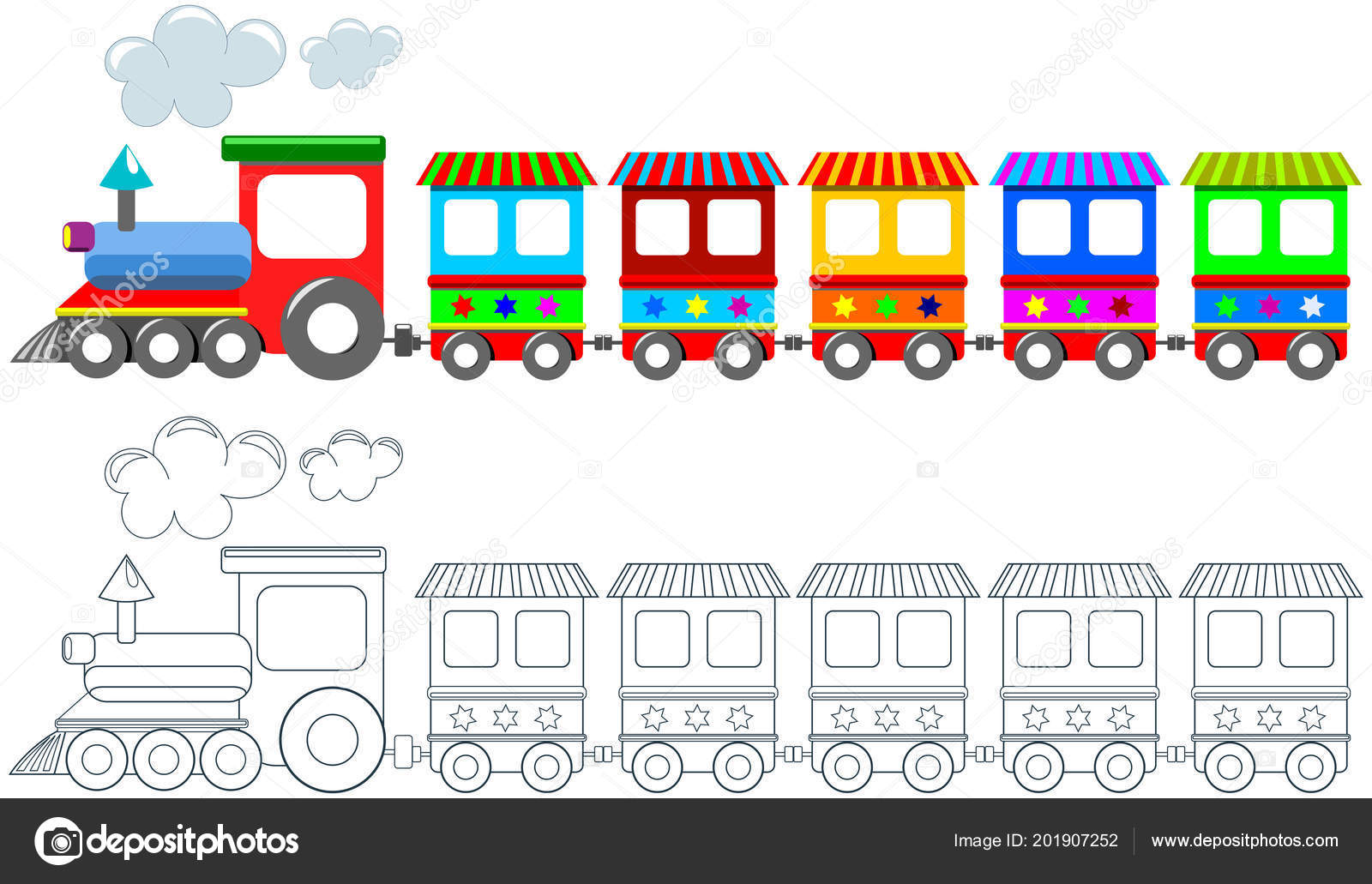 Printable coloring page children featuring colorful train isolated stock vector by canbedone