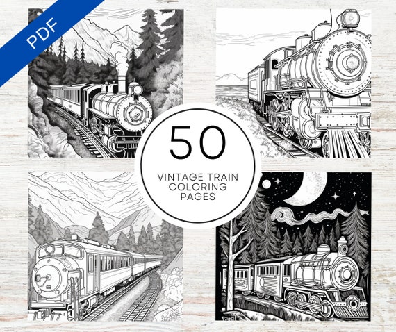 Kdp interior vintage train coloring pages x printable pdf canva template oldschool trains coloring book