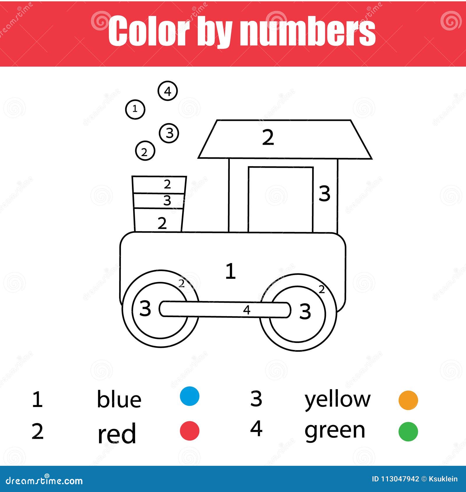 Coloring page with toy train color by numbers printable worksheet stock vector