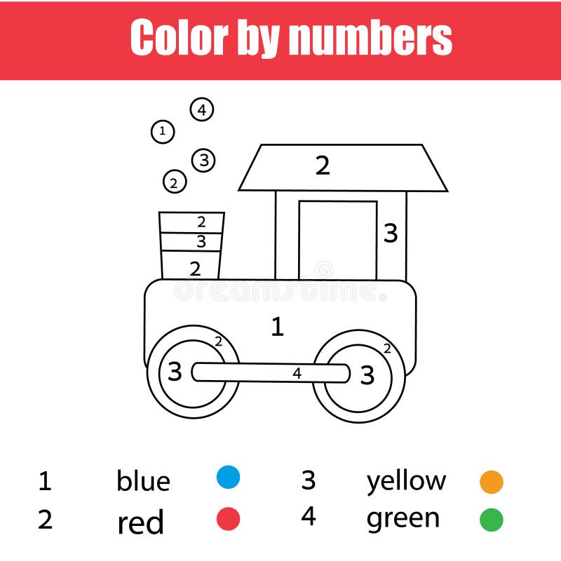 Coloring page with toy train color by numbers printable worksheet stock vector