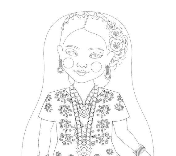 Mexican tehuana coloring sheet printable file traditional folk dress matryoshka doll