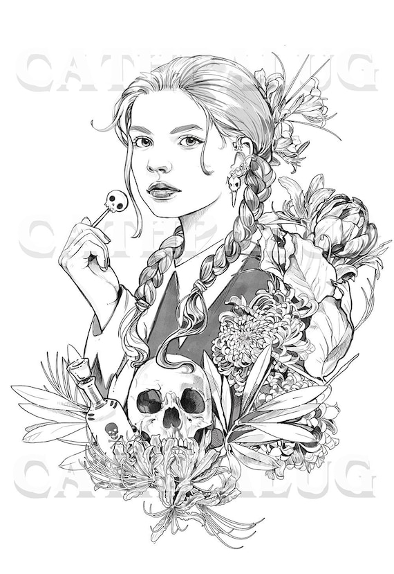 Macabre girl coloring page halloween skull flowers line art adult coloring addams family jpeg and pdf premium