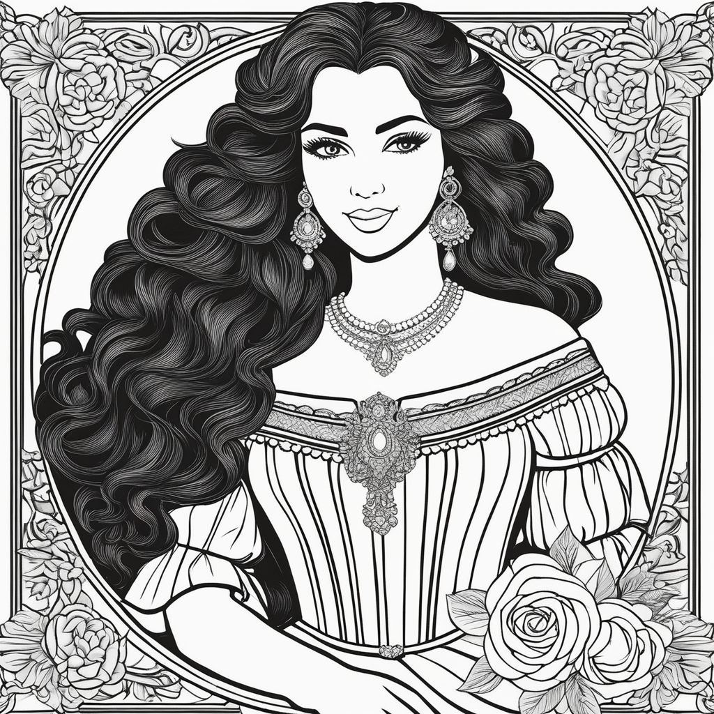 Melanted lady with curly hair reading a book coloring page white and black