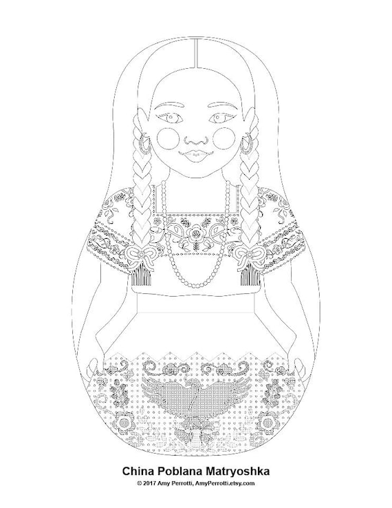 Mexican china poblana coloring sheet printable file traditional folk dress matryoshka doll