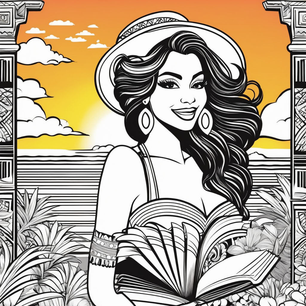 Melanted lady with curly hair reading a book coloring page white and black