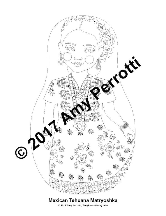 Mexican tehuana coloring sheet printable file traditional folk dress matryoshka doll