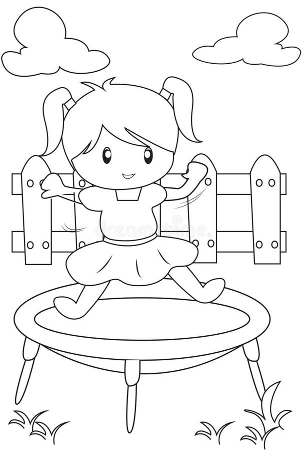 Girl on a trampoline coloring page stock illustration