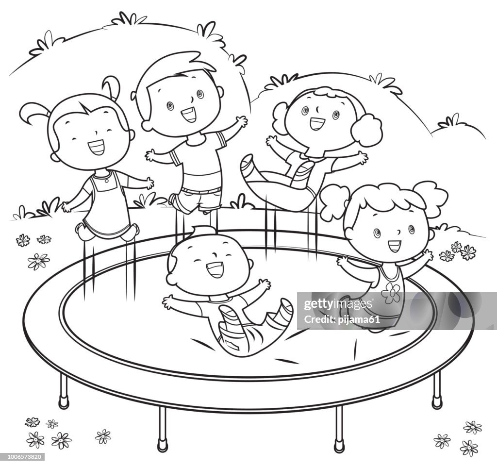 Coloring book kids jumping on trampoline high