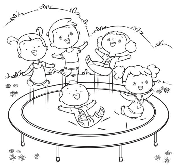 Coloring book kids jumping on trampoline stock illustration