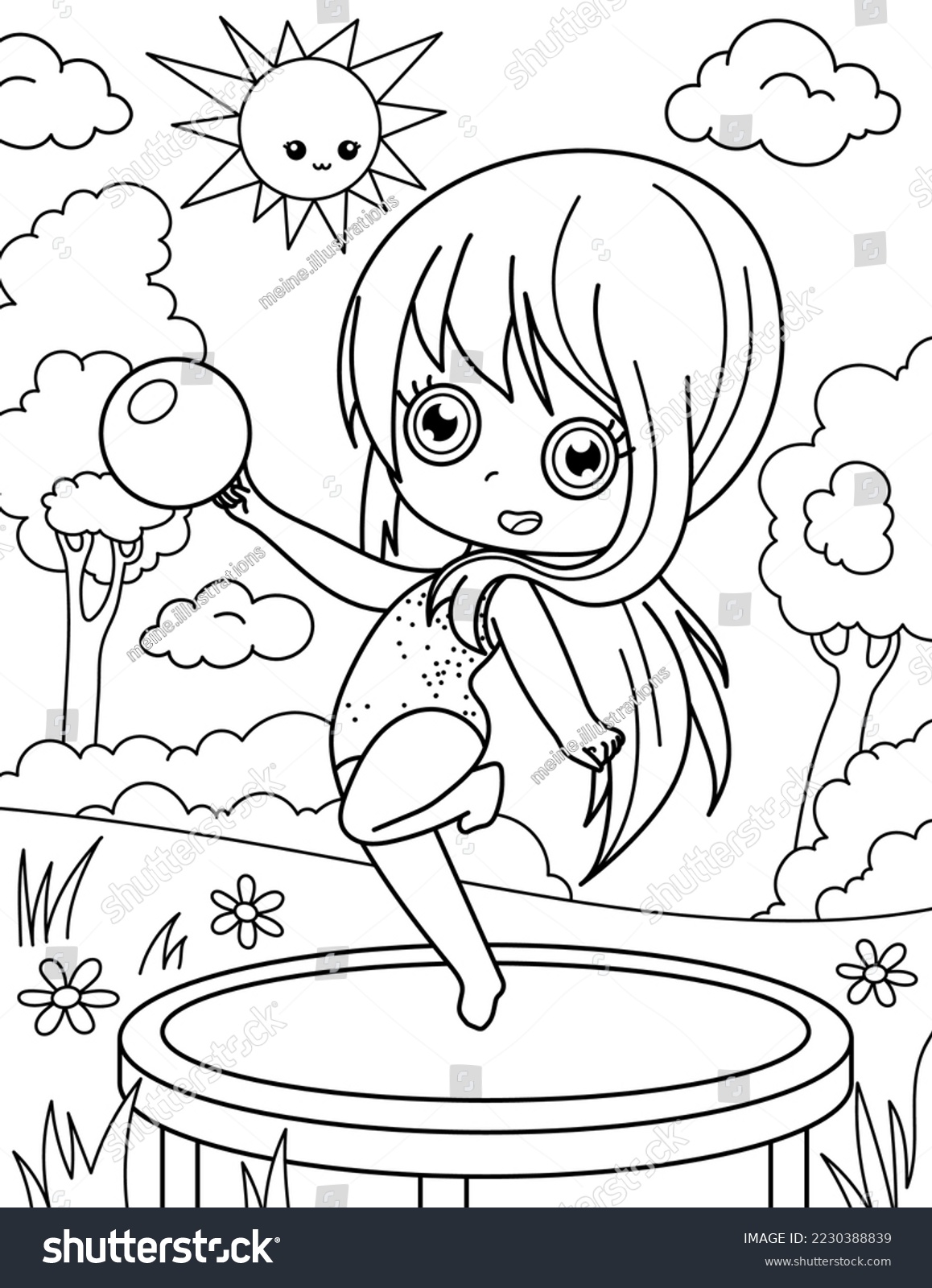 Girl ball on trampoline coloring book arkivvektor royaltyfri