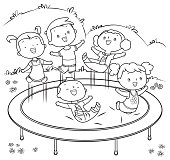 Coloring book kids jumping on trampoline high
