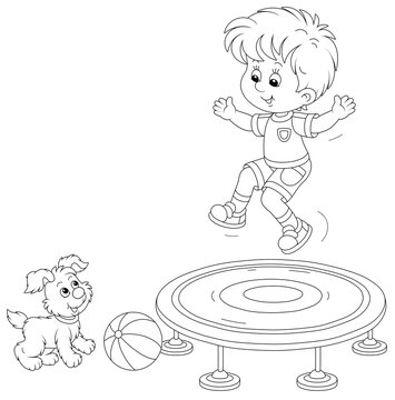 Cheerful little boy jumping on a toy trampoline on a playground a small cute pup looking at him black and white outline vector cartoon illustration for a coloring book page vector