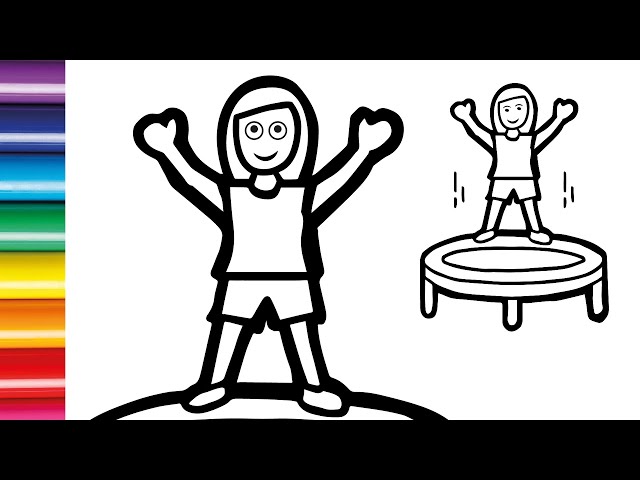 Girl jumping on trampoline drawing painting for kids toddlers lets coloring