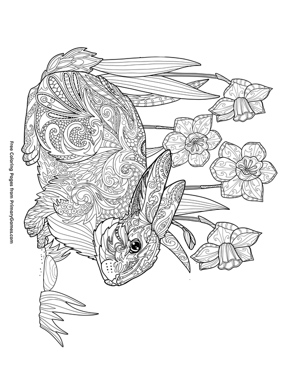 Zentangle rabbit and daffodils coloring page â free printable ebook easter coloring pages coloring pages free easter coloring pages