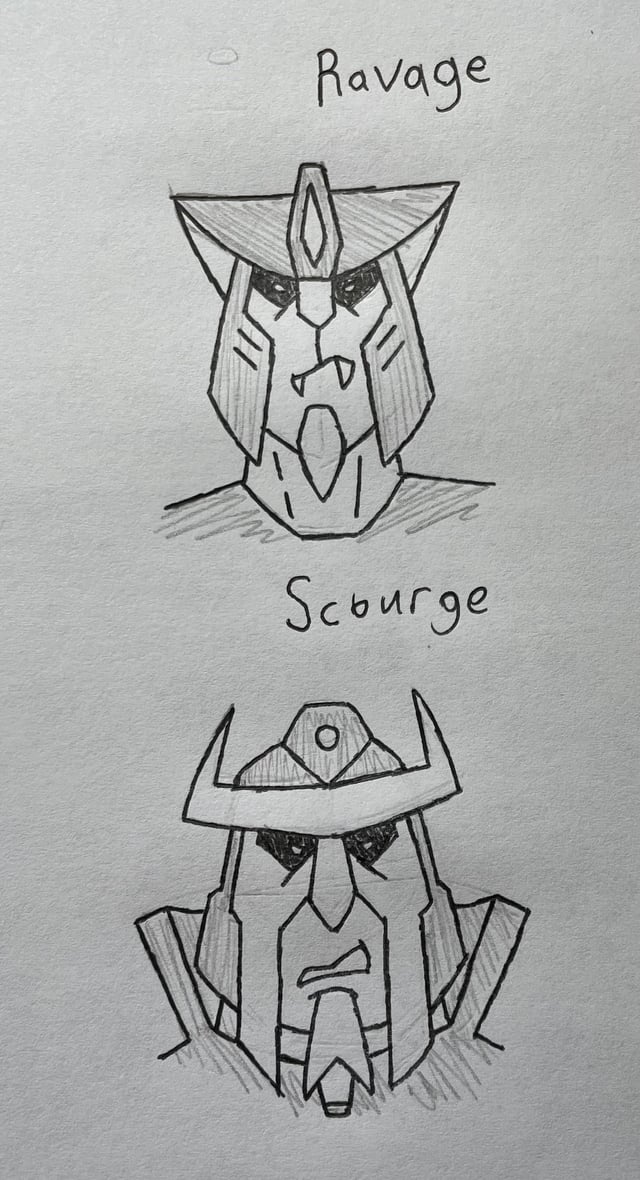 Working on some head designs for my own âheralds of unicronâ thingie ravage is supposed to be a skinnier bot while scourge is more bulky critiques and input wele rtransformers