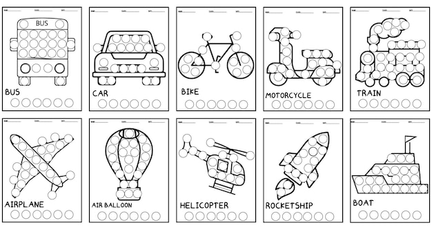 Premium vector different kinds of transportation vehiclesdot markers coloring book for kids