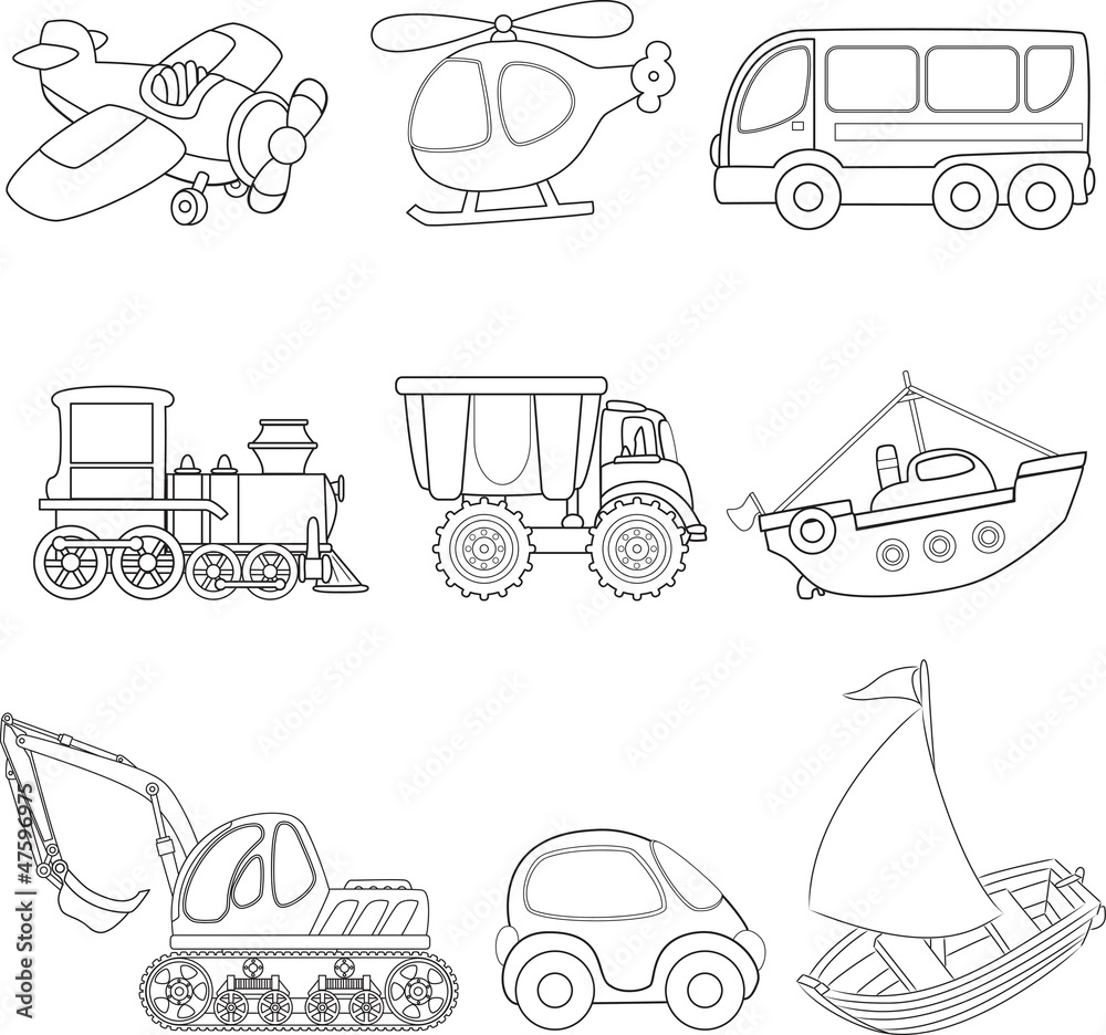 Cartoon transport coloring book vector