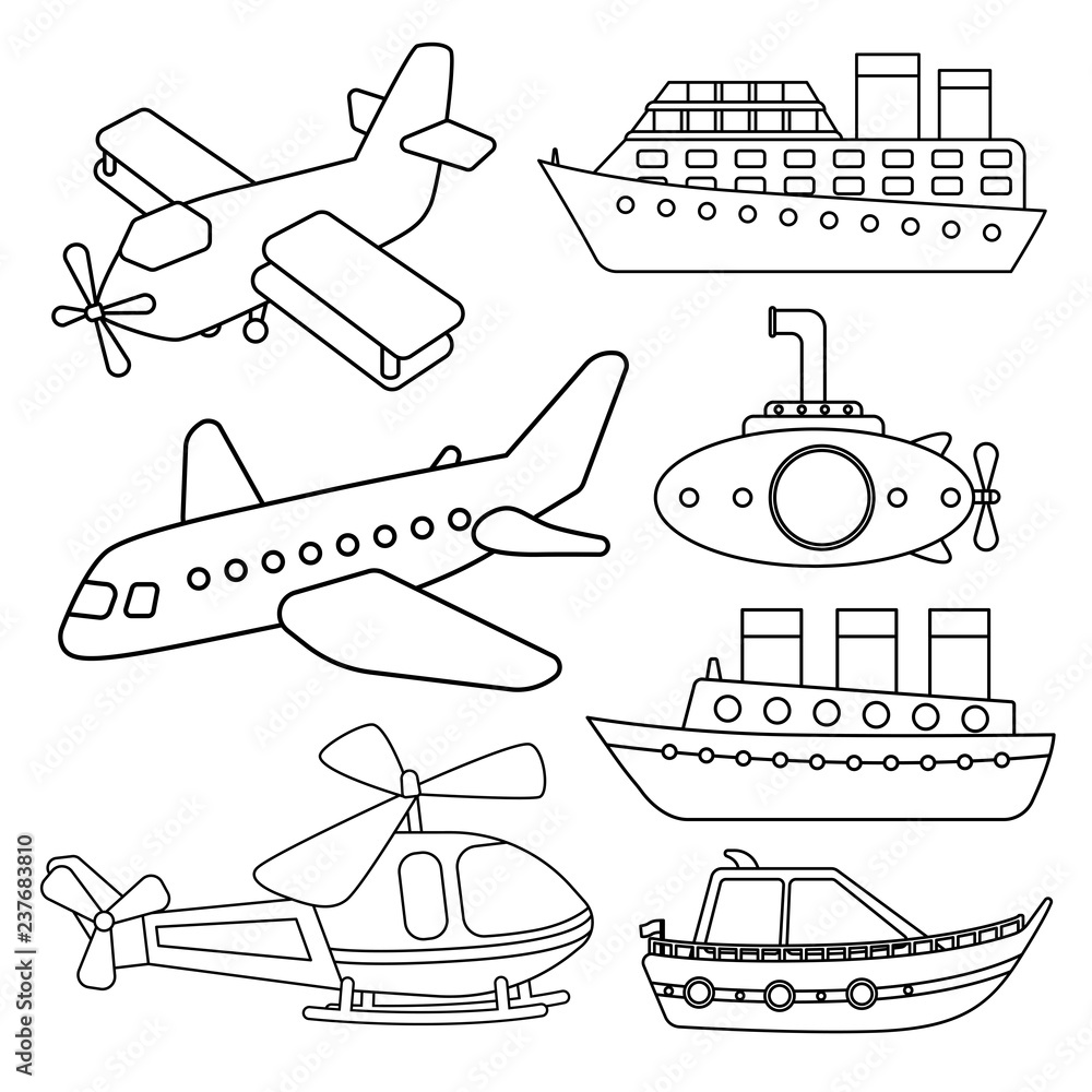 Vector set of air and water transport coloring book for kids vector