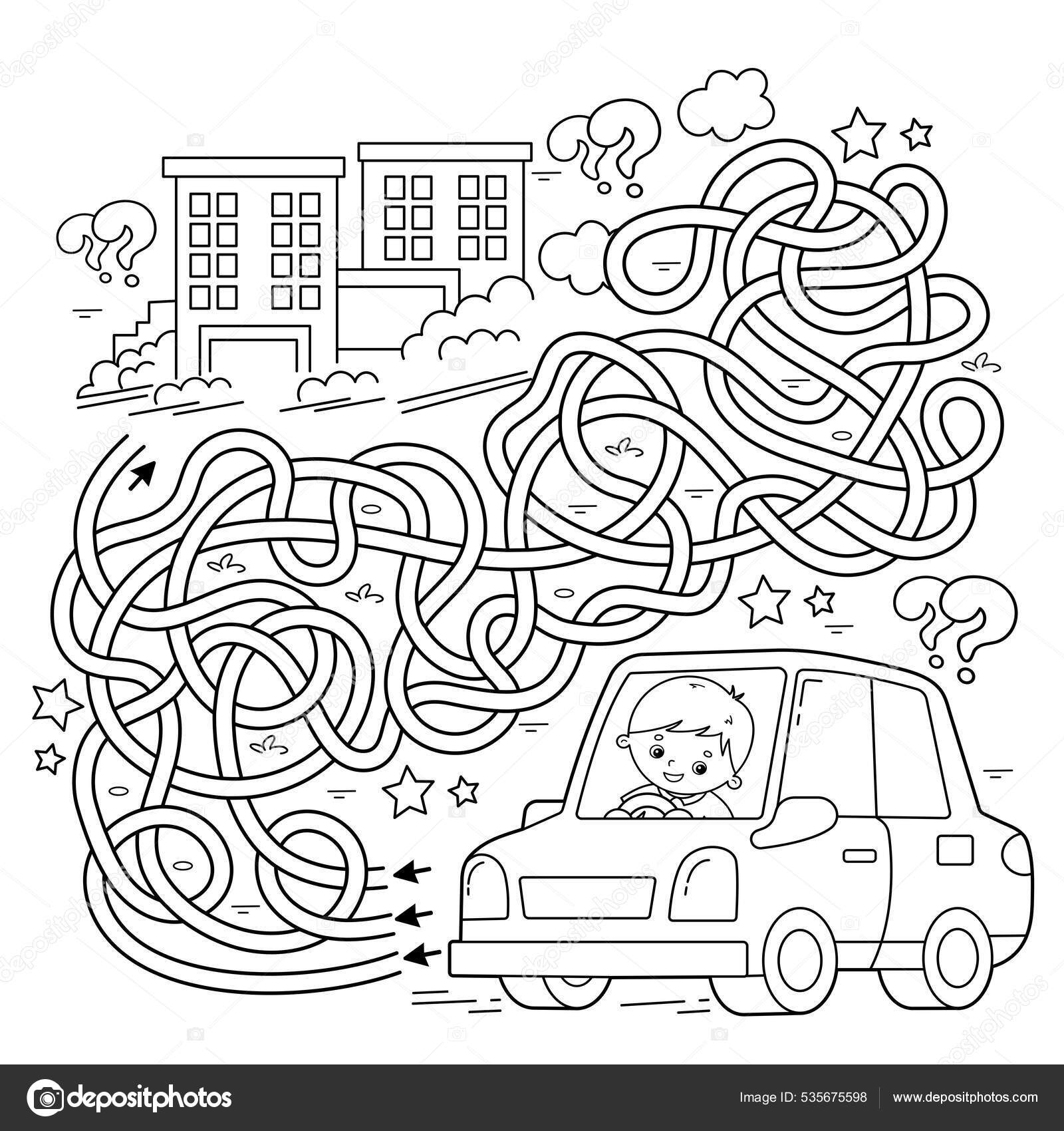 Maze labyrinth game puzzle tangled road coloring page outline cartoon stock vector by oleon