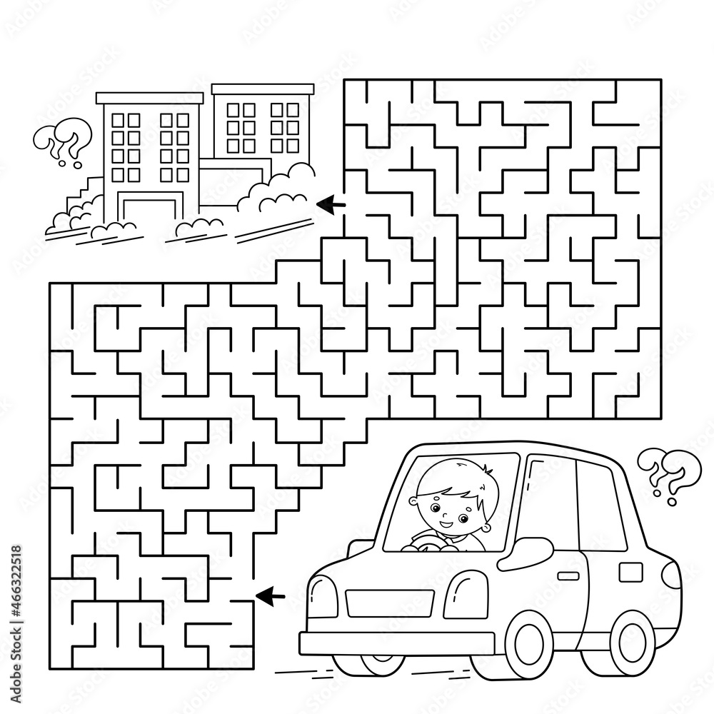 Maze or labyrinth game puzzle coloring page outline of cartoon car with driver transport or vehicle coloring book for kids vector