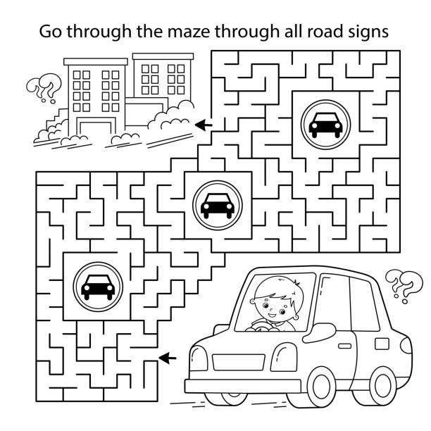 Maze or labyrinth game puzzle coloring page outline of cartoon car with driver transport or vehicle coloring book for kids stock illustration