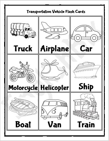 Transportation vehicle flashcards printable