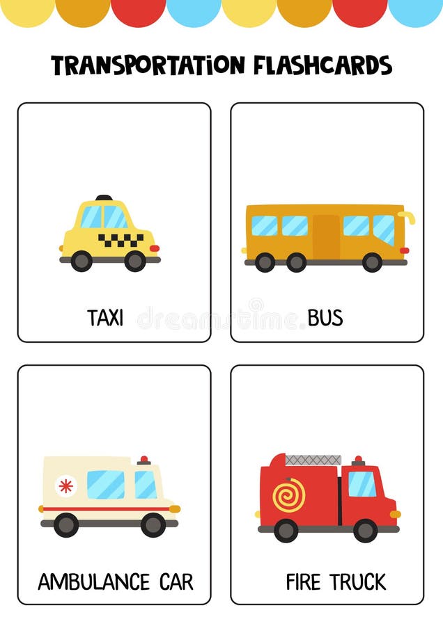 Cute cartoon transportation means with names flashcards for children stock vector