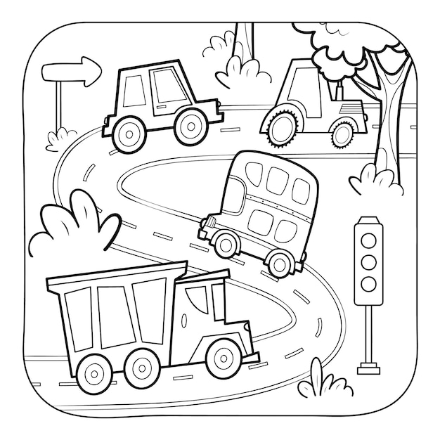 Premium vector car black and white coloring book or coloring page for kids nature background