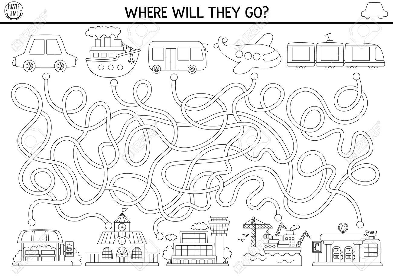 Transportation black and white maze for kids with air water land transport line preschool printable activity labyrinth game coloring page with car train train plane help bus get to last stop royalty