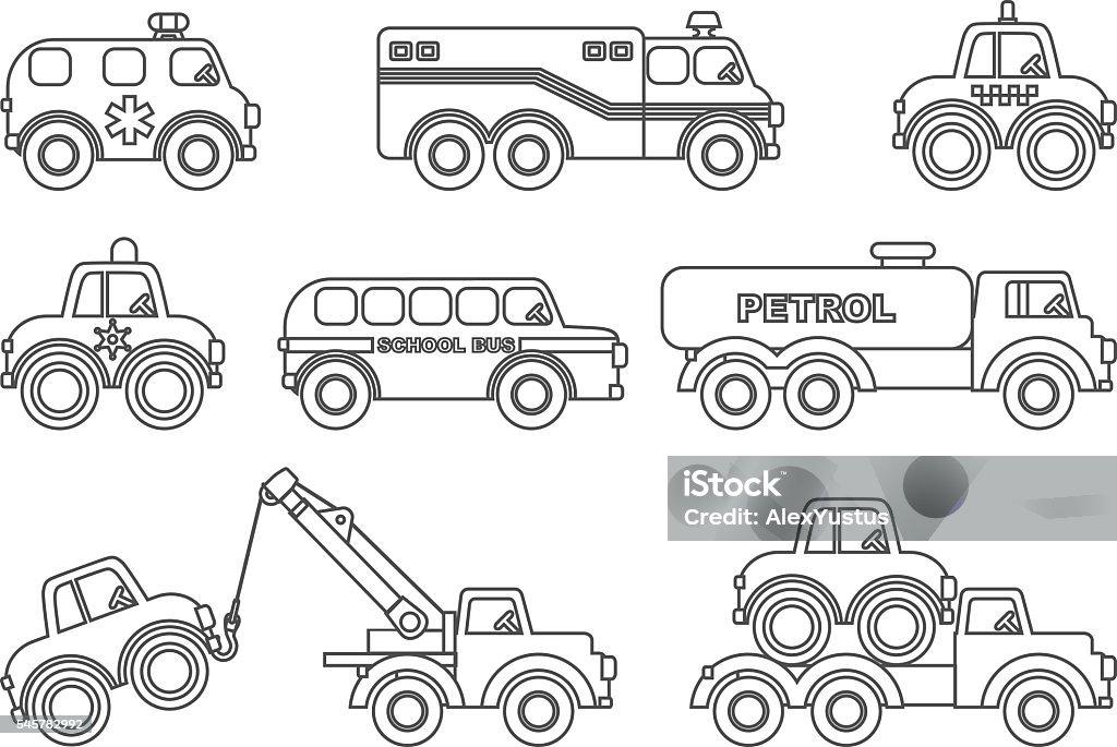 Coloring pages set of different silhouettes children toys transportation stock illustration