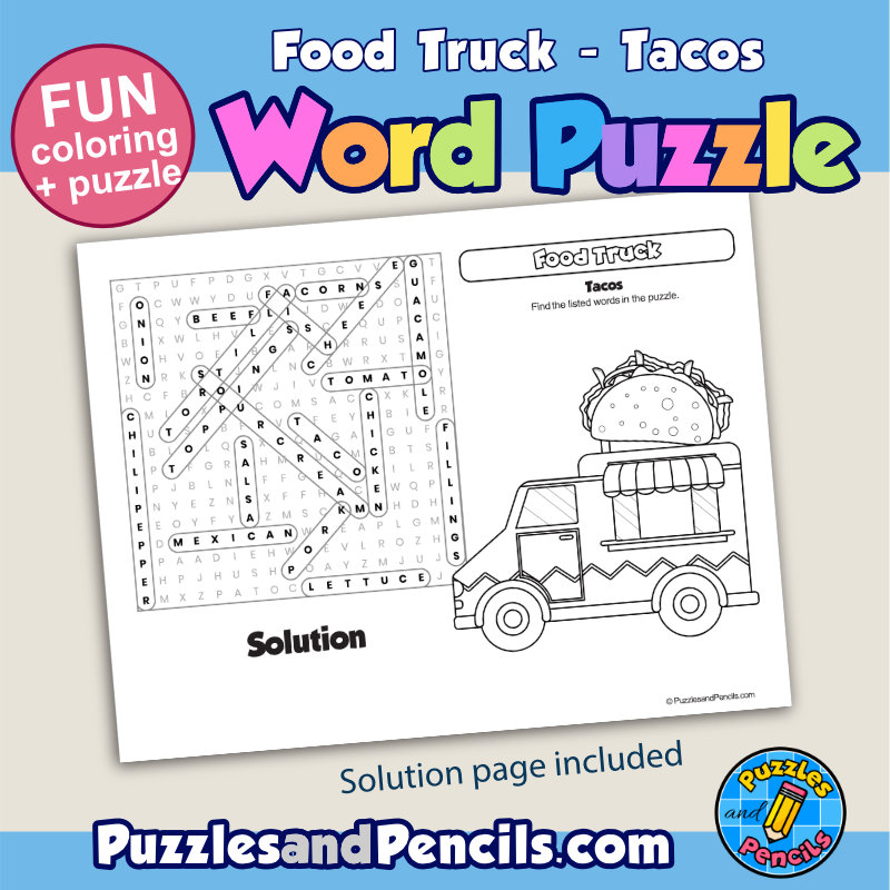 Taco food truck word search puzzle activity and coloring wordsearch made by teachers