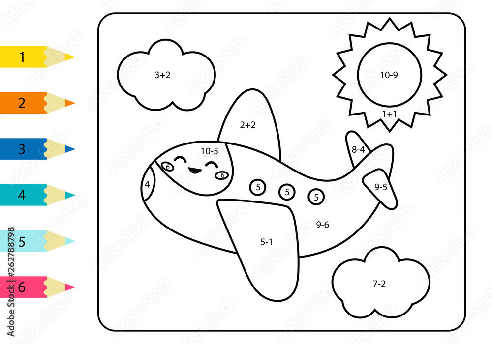 Coloring page by addition and subtraction numbers vector kawaii plane math worksheet for kids transportation theme vector