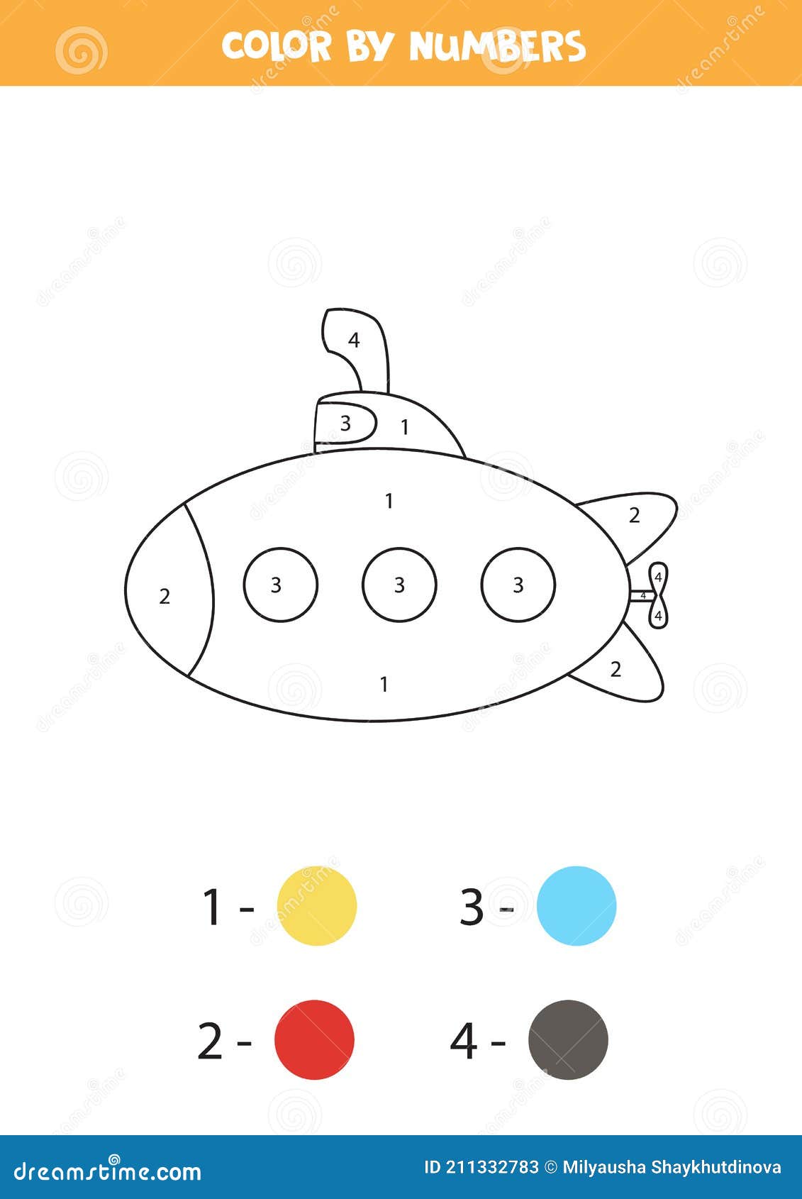 Color cartoon submarine by numbers transportation worksheet stock vector