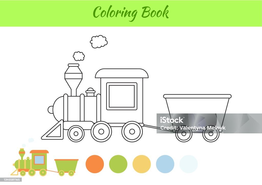 Coloring book train for children printable worksheet educational activity page for preschool years kids and toddlers with transport cartoon colorful vector illustration stock illustration