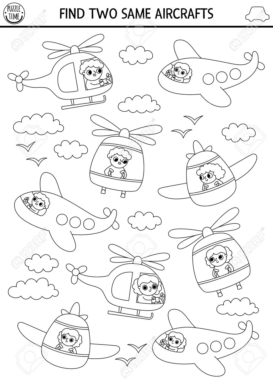 Find two same aircrafts transportation black and white matching activity for children air transport educational line quiz worksheet for kids coloring page with cute plane helicopter royalty free svg cliparts vectors and