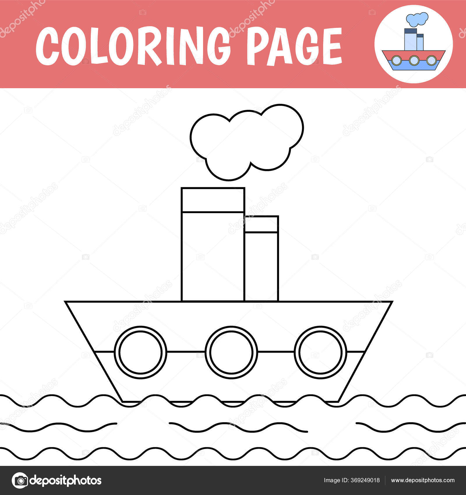 Children coloring page drawing worksheets steamboat vector illustration stock vector by zoui