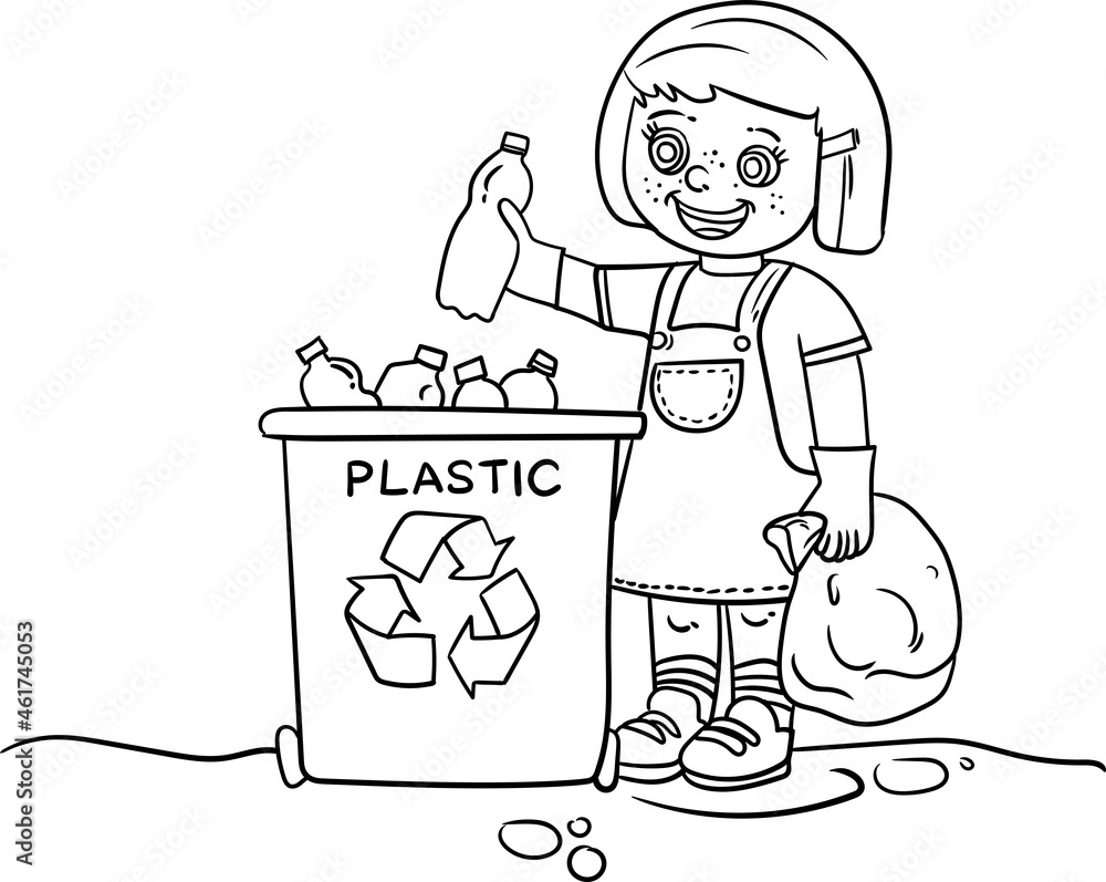 Little girl always throws a plastic bottle into the trash can to be recycled coloring book for kids illustration