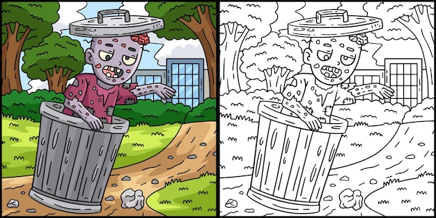 Premium vector this coloring page shows a trash can zombie one side of this illustration is colored and serves as an inspiration for children