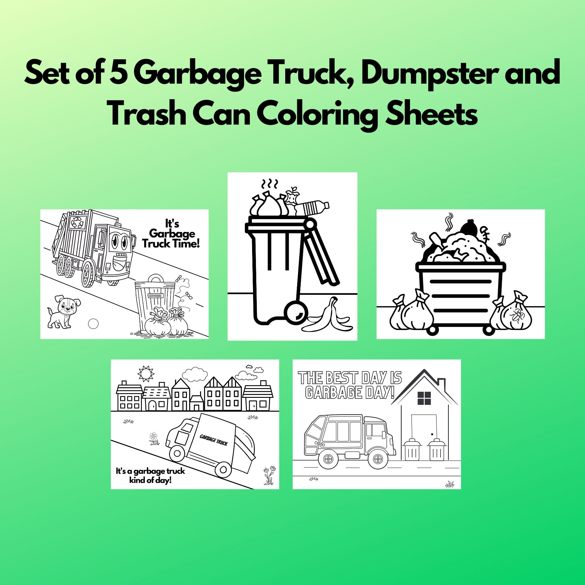 Set of pdf garbage trucks dumpster and trash can coloring sheets instant download