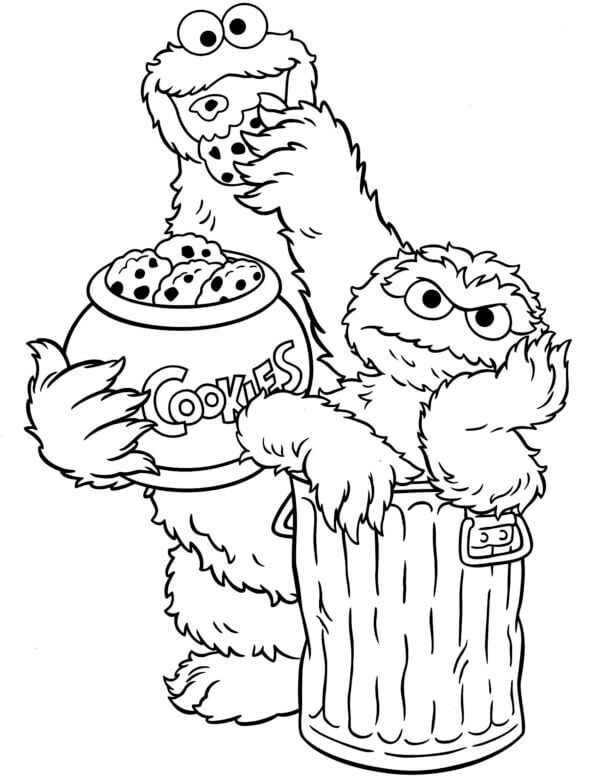 Lives in a trash can and cookie monster is a cookie lover coloring page