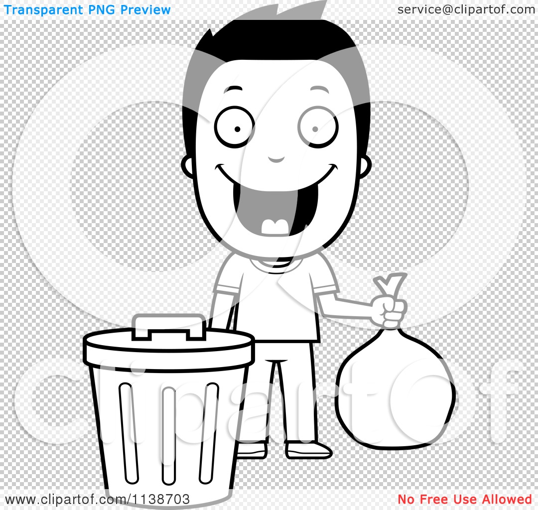 Cartoon clipart of a black and white happy boy taking out the trash