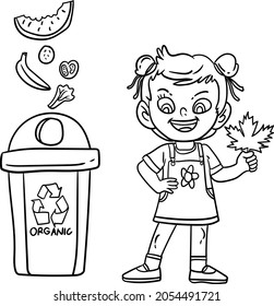 Little girl throwing organic waste into stock illustration